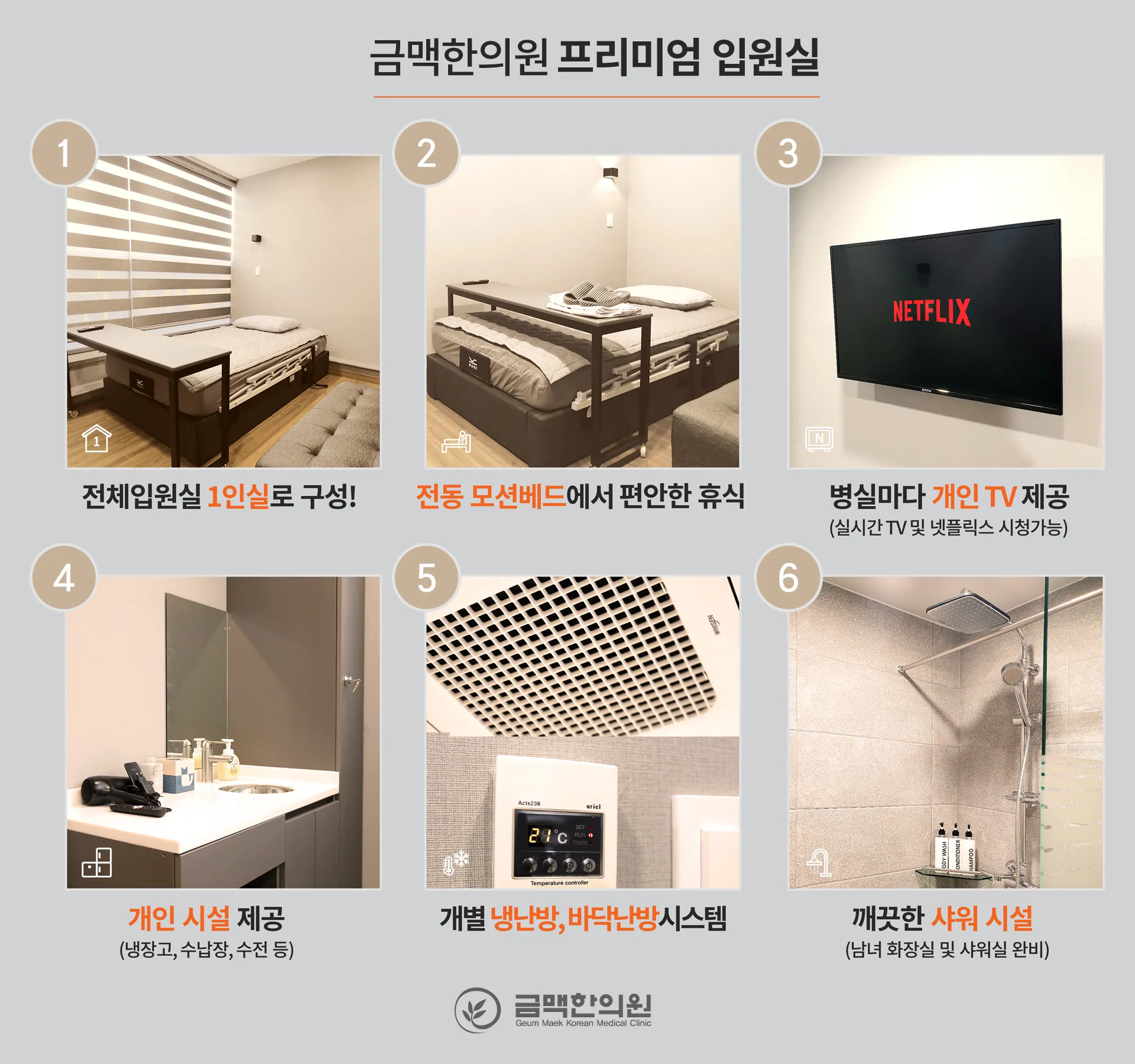 금맥한의원 프리미엄 입원실 - 1인실 구성, 전동 모션베드, 개인 TV, 개인 시설, 개별 냉난방, 깨끗한 샤워 시설